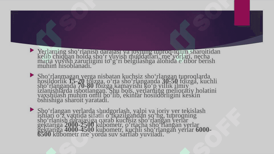 Sho’rlangan yerlarda asosiy sho’ri yuvib bo’lingandan keyin ekiladigan dastlabki o’zlashtirish ekinlarini yetishtirish texnologiyalari 3
