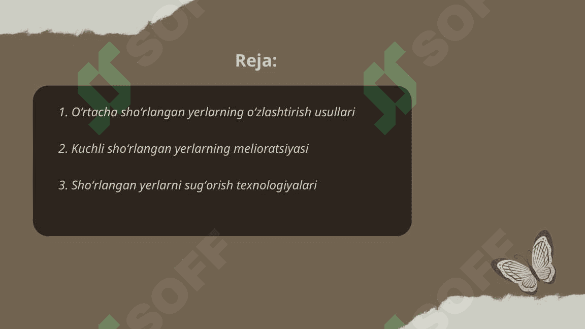 Oʻrtacha va kuchli shoʻrlangan yerlarni oʻzlashtirish texnologiyasi va ulardan foydalanish yoʻllari 2