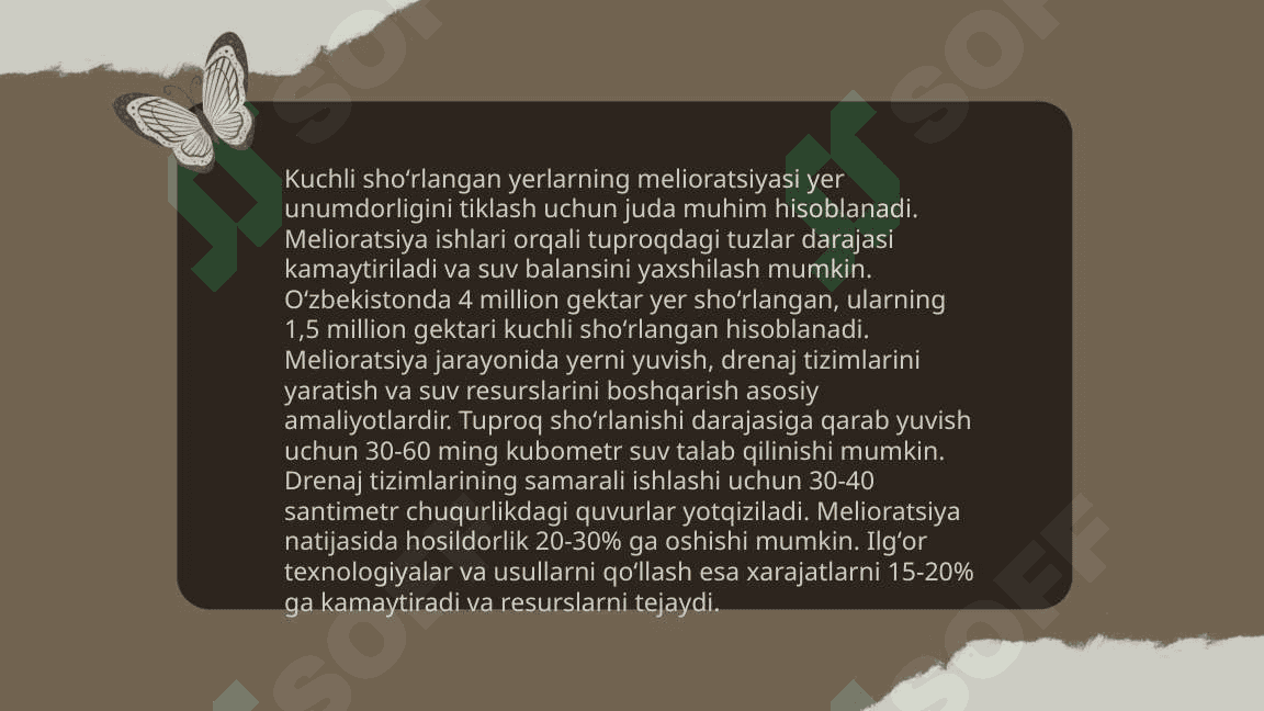 Oʻrtacha va kuchli shoʻrlangan yerlarni oʻzlashtirish texnologiyasi va ulardan foydalanish yoʻllari 4