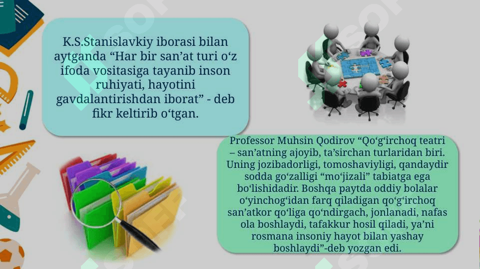 QO‘G‘IRCHOQ TEATRINING PAYDO BO‘LISHI, TARIXIY ILDIZLARI VA TARBIYAVIY AHAMIYATI QO‘G‘IRCHOQ TEATRI PERSONAJLARINI YASASH ORQALI BADIIY IJODIY QOBILIYATLARNI SHAKLLANTIRISH MAZMUNI VA QO‘G‘IRCHOQ YASASH USULLARI 8