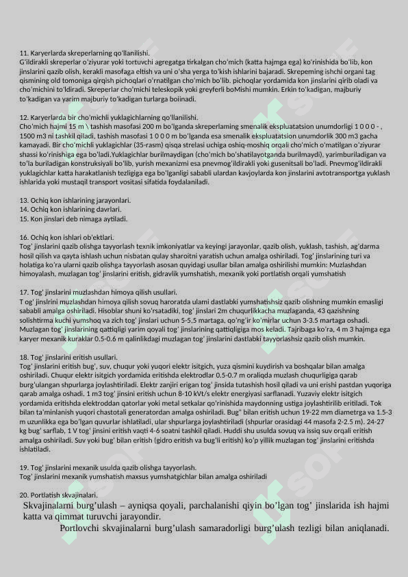 Test. Foydali qazilma kontarini ochiq usulda qazib olish jarayonlari 4