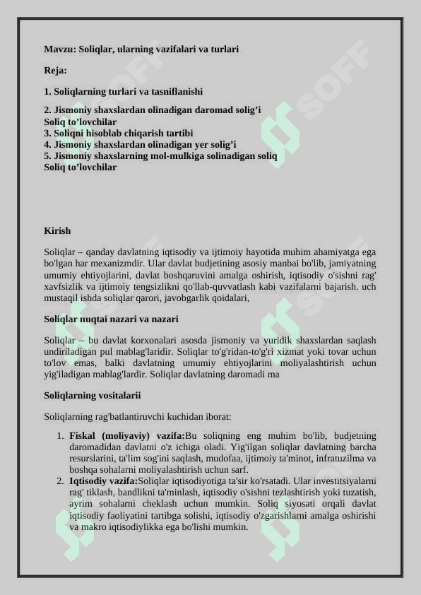 Soliqlar ularning vazifalari va turlari 2