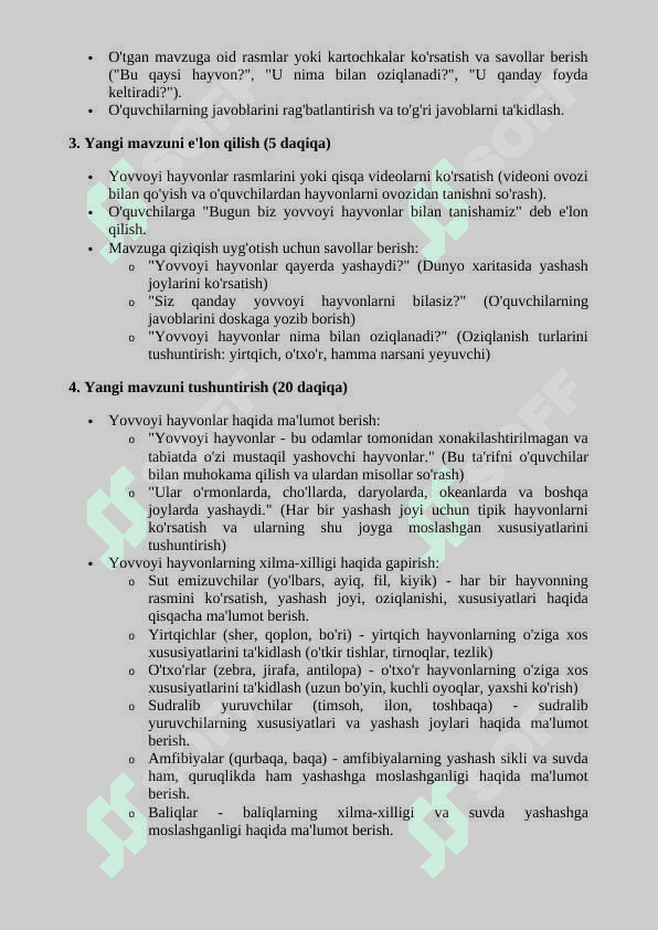 Yovvoyi hayvonlar mavzusida dars ishlanma 2