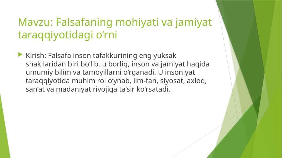 Falsafaning mohiyati va jamiyat taraqqiyotidagi o’rni