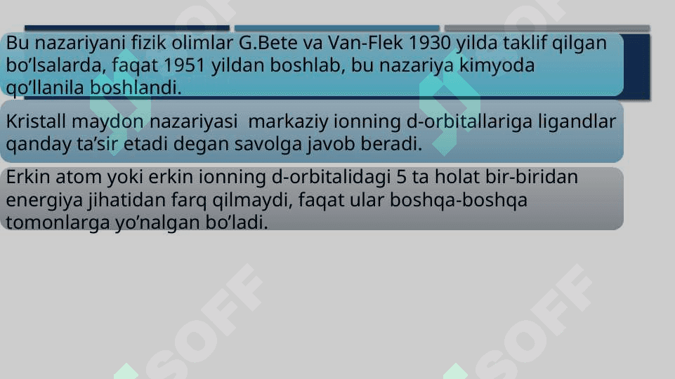 Kristall maydon nazariyasi. D-elektronli kompleksning kristall maydon ta’sirida barqarorlanish energiyasi 3