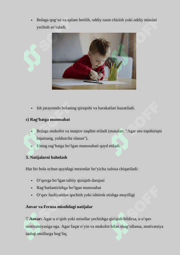 Psixologik tadqiqot shakllari O'quv motivini baholash metodikasini o'tkazish (3 sinaluvchida) 3
