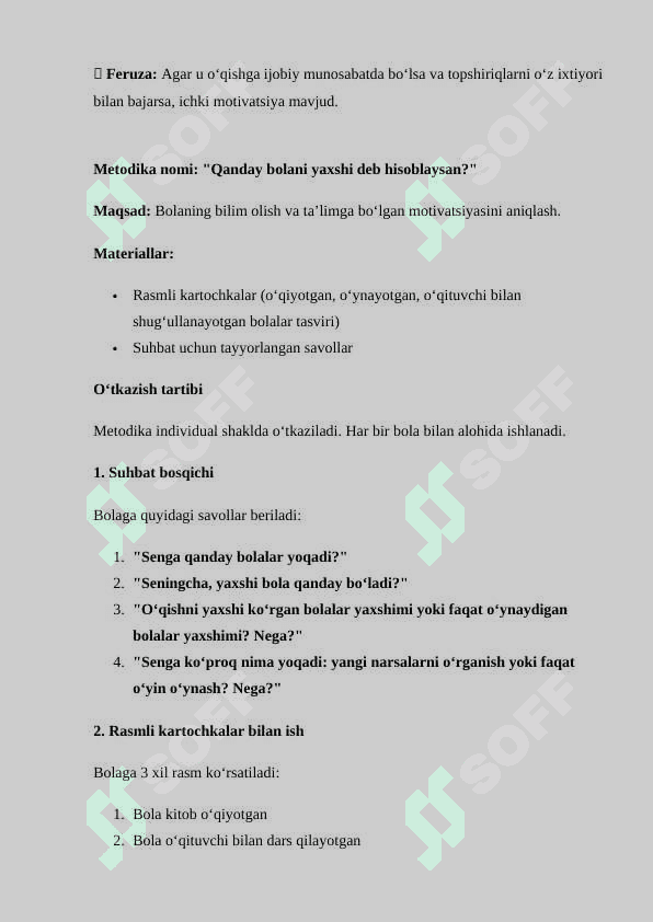 Psixologik tadqiqot shakllari O'quv motivini baholash metodikasini o'tkazish (3 sinaluvchida) 4