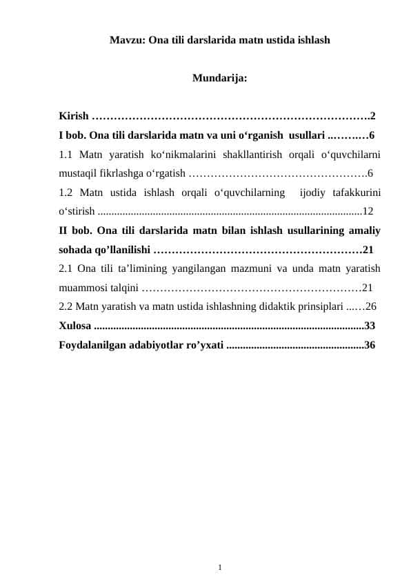 Ona tili darslarida matn ustida ishlash