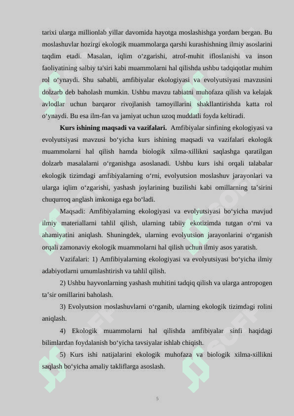 Amfibiyalar sinfining ekologiyasi va evolyutsiyasi.KURS ISHI 5