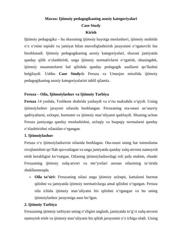 Ijtimoiy pedagogikaning asosiy kategoriyalari  Case study 1