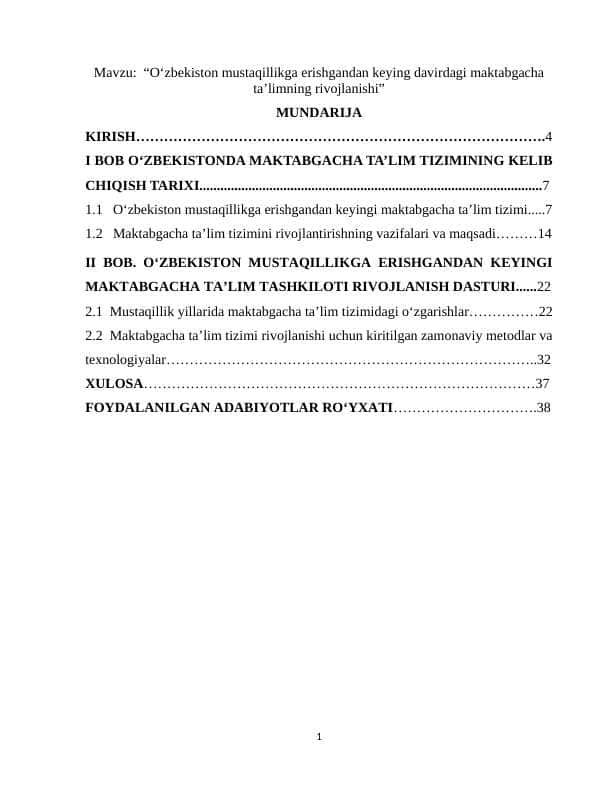 “O‘zbekiston mustaqillikga erishgandan keying davirdagi maktabgacha ta’limning rivojlanishi”