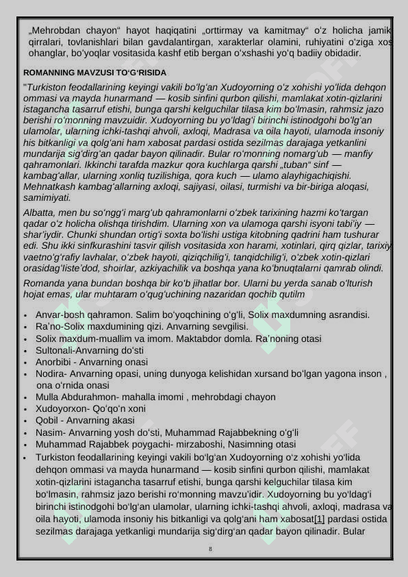 Ona-tili darslarida  Abdulla Qodiriyning “Mehrobdan chayon”asari haqida  metodik tavsiyanoma 8