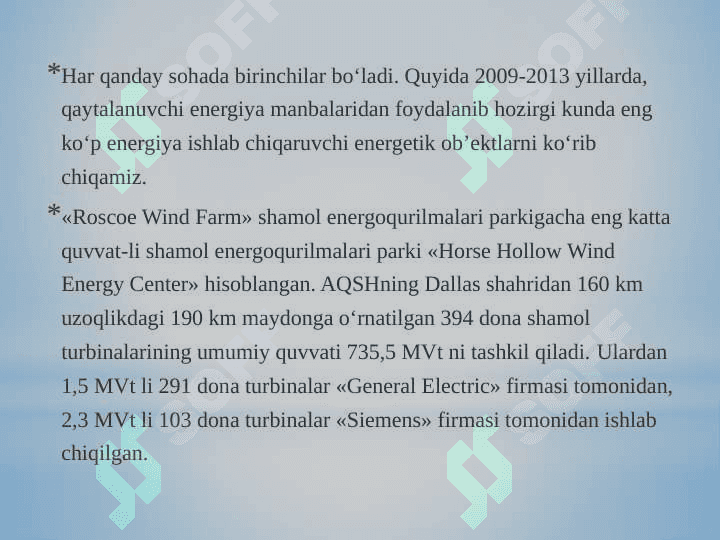 NEFT VA GAZNI O’RNINI BOSUVCHI  MUQOBIL ENERGIYA MANBALARI - Муқобил энергия манбалари 8