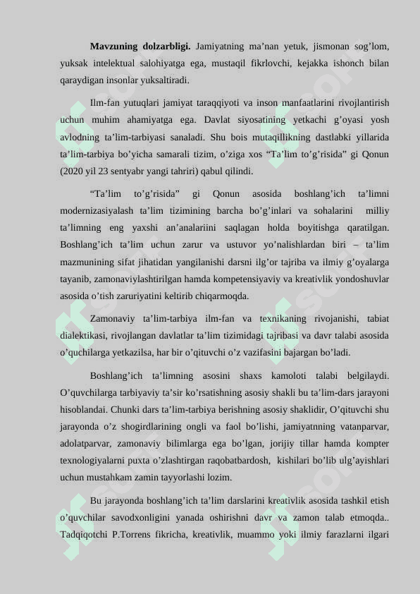 BOSHLANG`ICH SINF O`QUVCHILARINI “TARBIYA” FANI DARSLARIDA KREATIV FIKRLASHINI SHAKLLANTIRISHNING PEDAGOGIK ASOSLARI 3