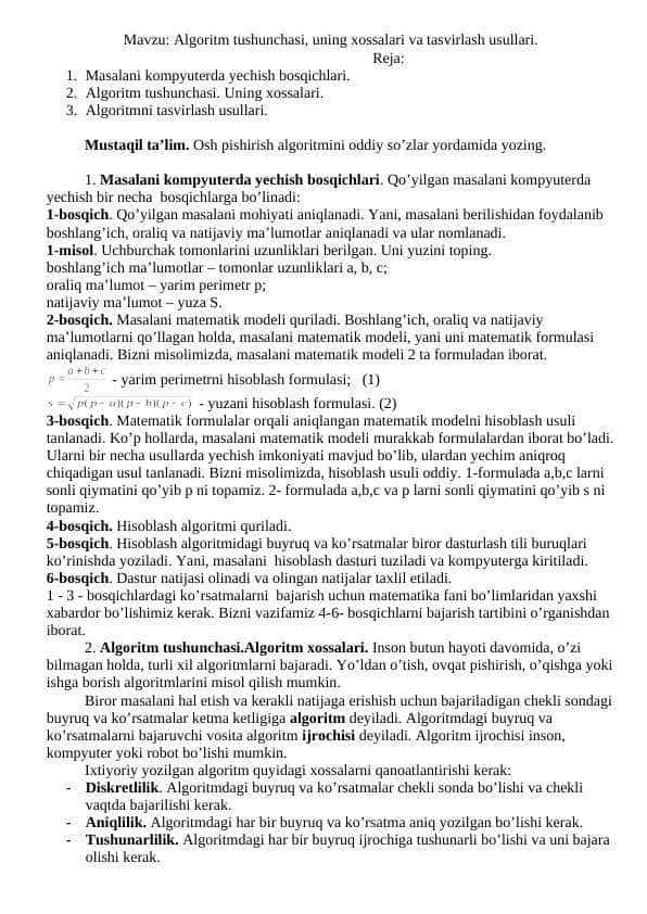 Algoritm tushunchasi, uning xossalari va tasvirlash usullari