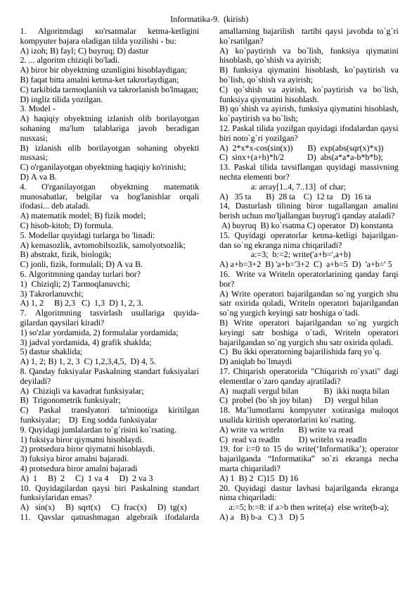 Informatika va axborot texnologiylari fanida testlar to'plami 9-sinf uchun javoblari bilan