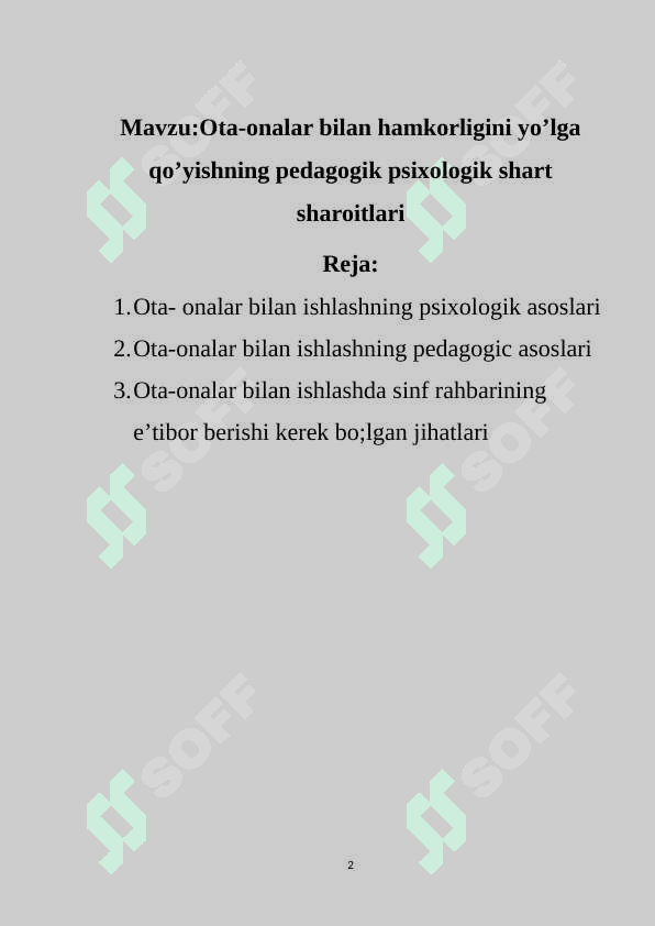Ota-onalar bilan hamkorligini yo’lga qo’yishning pedagogik psixologik shart sharoitlari 2