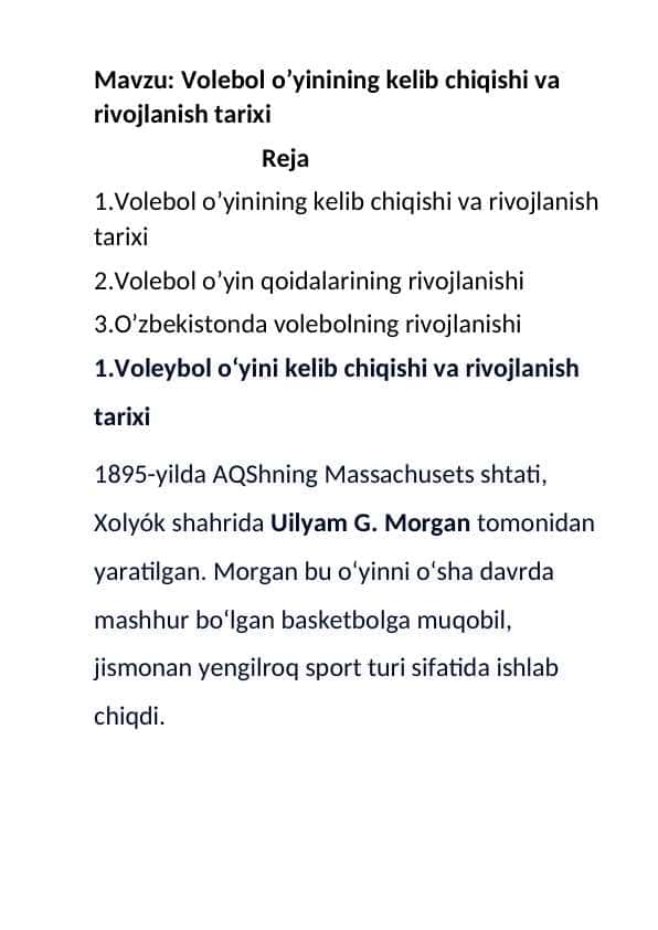 Volebol o’yinining kelib chiqishi va rivojlanish tarixi
