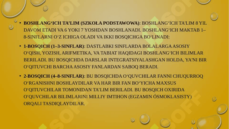 Polsha boshlang‘ich ta’lim tizimi. Ta’lim tizimi bosqichlari. Polsha boshlang‘ich ta’lim tizimi. 4