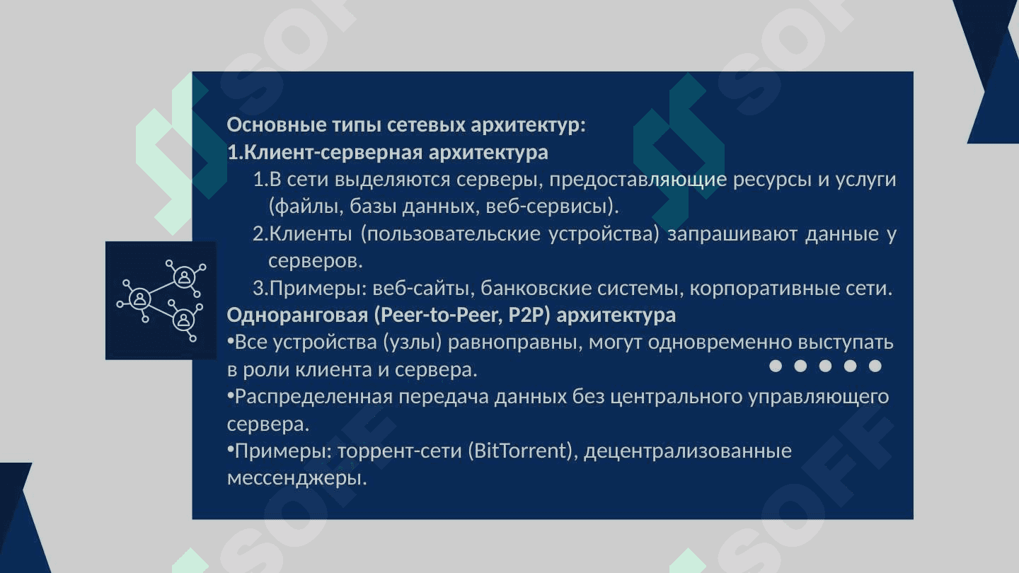 Понятия сетевой архитектуры и топологии. Топологии сети (сетка, звезда, дерево, шина, кольцо). Примеры архитектур и топологий (сценарий использования: сеть Интернет, распределенные системы, веб-топологии). 6