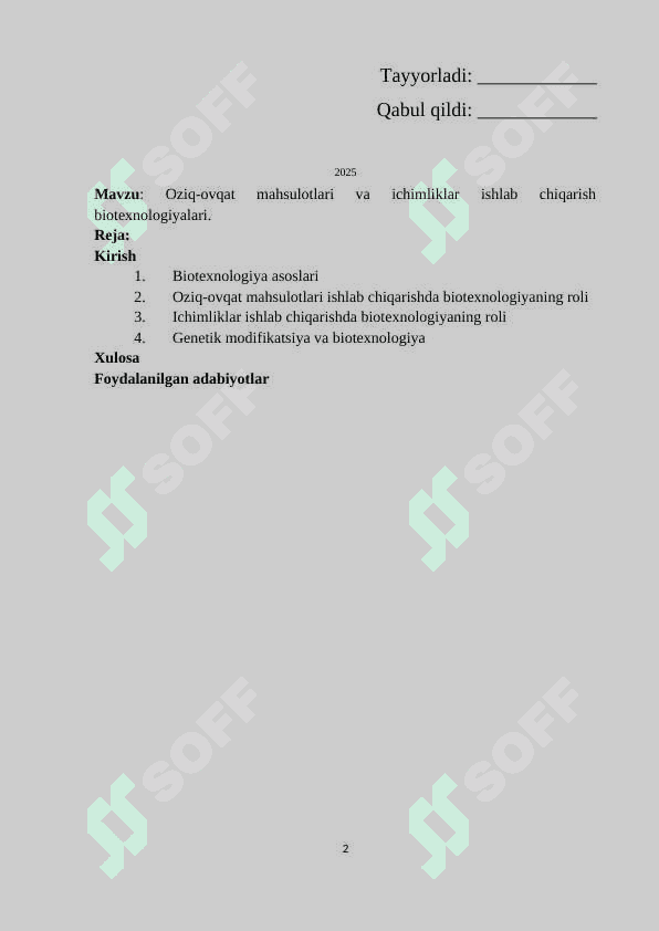 Mavzu: Oziq-ovqat mahsulotlari va ichimliklar ishlab chiqarish biotexnologiyalari. 2