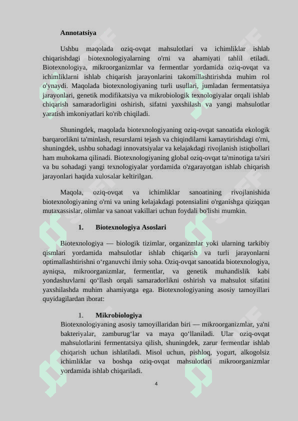 Mavzu: Oziq-ovqat mahsulotlari va ichimliklar ishlab chiqarish biotexnologiyalari. 4