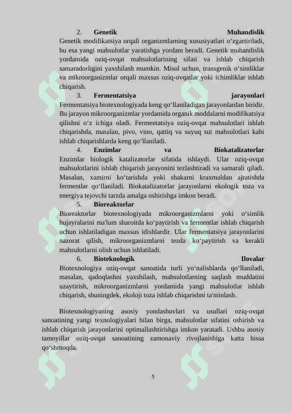 Mavzu: Oziq-ovqat mahsulotlari va ichimliklar ishlab chiqarish biotexnologiyalari. 5