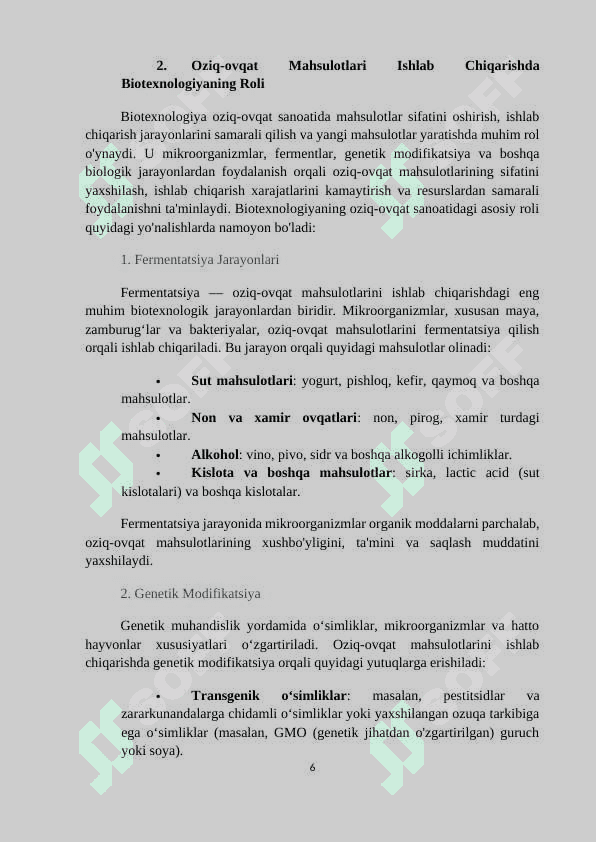 Mavzu: Oziq-ovqat mahsulotlari va ichimliklar ishlab chiqarish biotexnologiyalari. 6