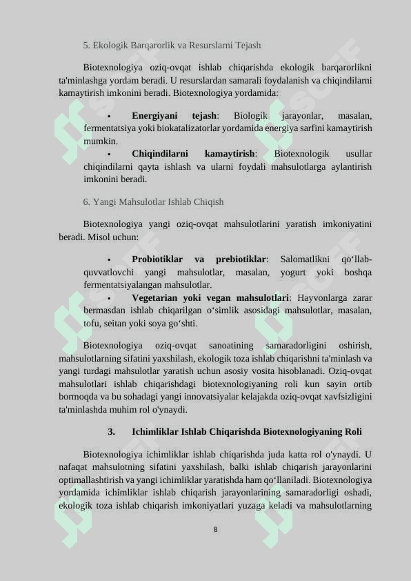 Mavzu: Oziq-ovqat mahsulotlari va ichimliklar ishlab chiqarish biotexnologiyalari. 8