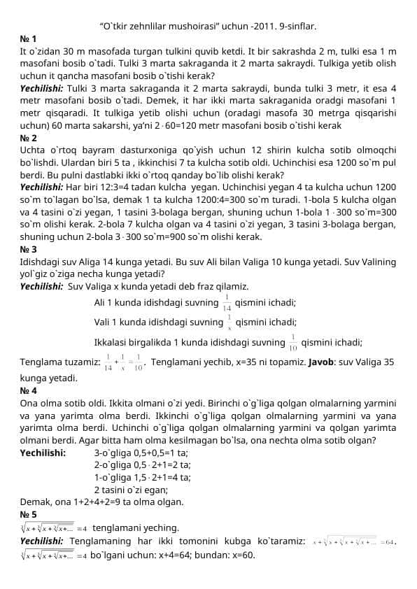 Matematik savollar yechimlari bilan 1