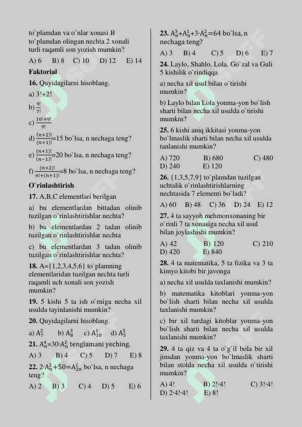 Kompinatorika elementlari bo'ycha to'liq testlar to'plami 2