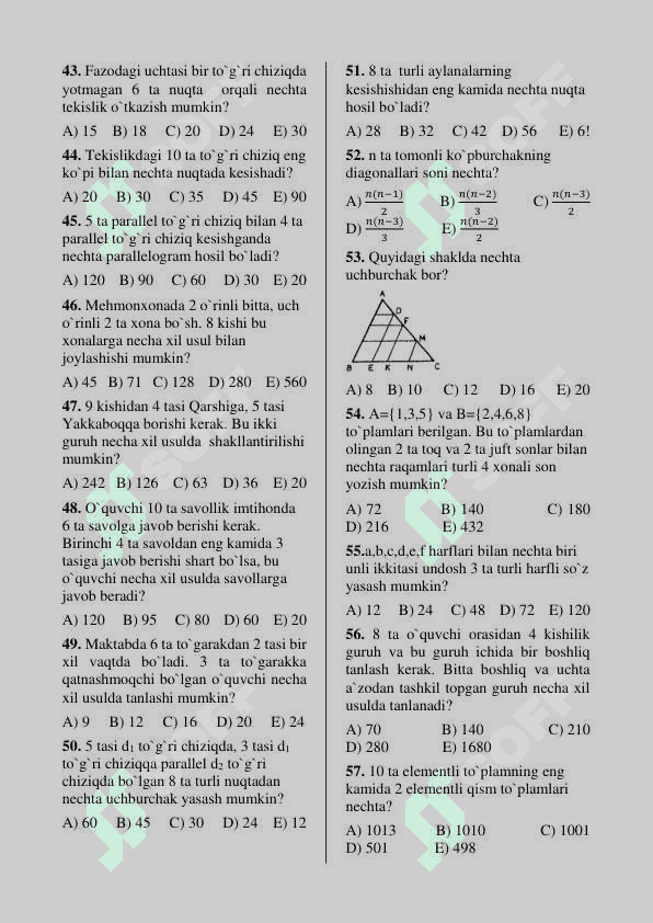 Kompinatorika elementlari bo'ycha to'liq testlar to'plami 4