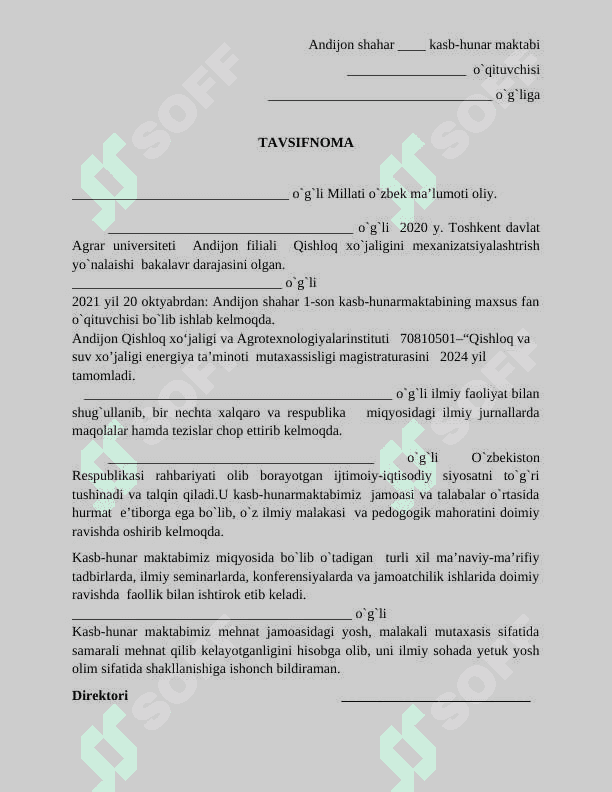 TAVSIFNOMA namuna 2
