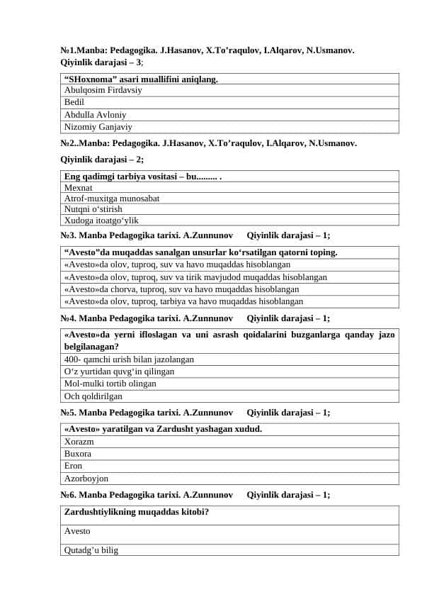 VII asrdan XIV asrning birinchi yarmigacha O’rta Osiyoda tarbiya, maktab va pedagogik fikrlar mavzusida test
