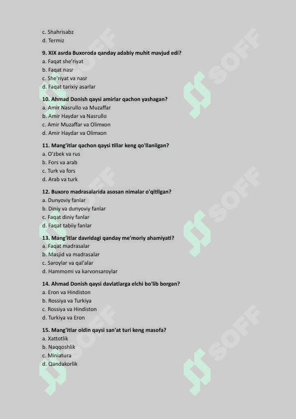 9-sinf O`zbekiston tarixi test 2