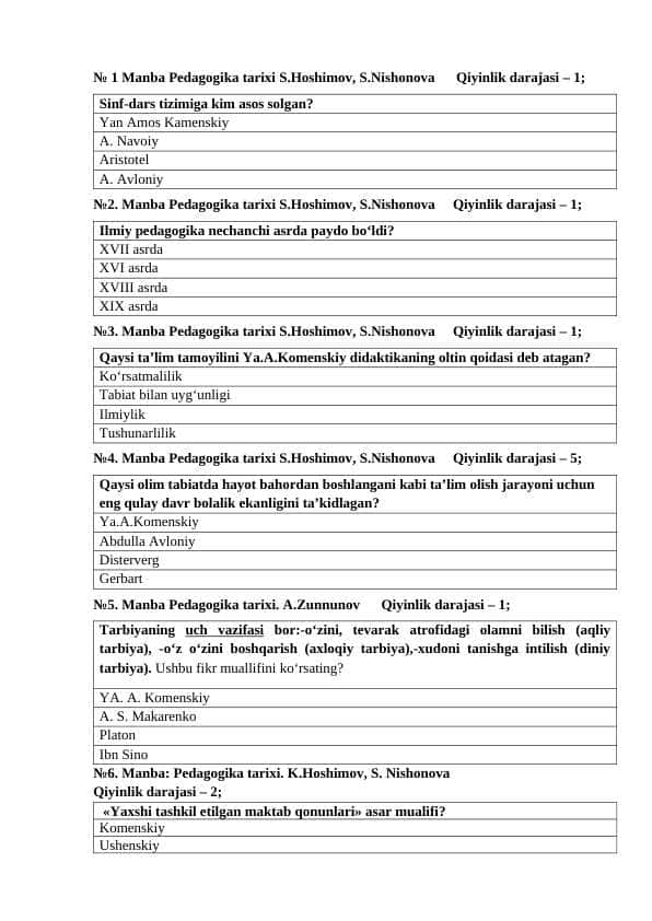 XIX asrning ikkinchi yarmi – XX asrda jahon pedagogika fanining rivoji mavzusida test