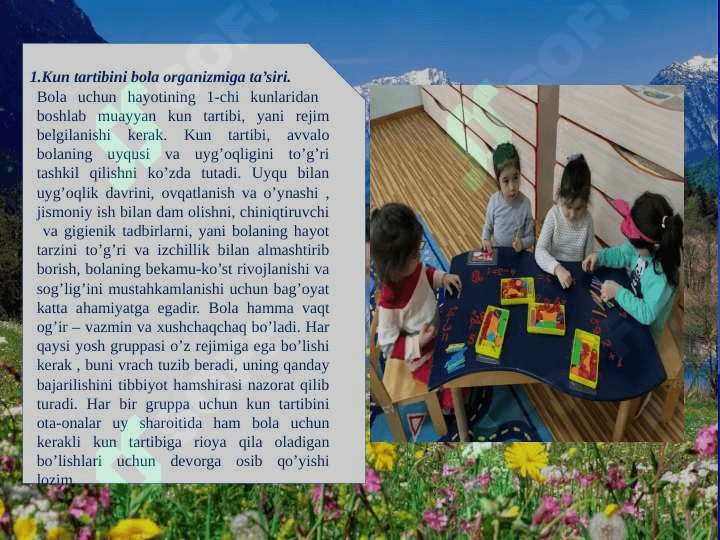 Kun tartibini fiziologik - gigienik jihatdan asoslash, o’yin, o’qitish, mehnat faoliyati gigienasi.Sayrlar, ekskursiyalar o’tkazishga bo’lgan gigienik talablar, uyquni oqilona tashkil etish 3