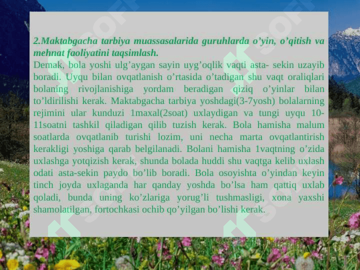Kun tartibini fiziologik - gigienik jihatdan asoslash, o’yin, o’qitish, mehnat faoliyati gigienasi.Sayrlar, ekskursiyalar o’tkazishga bo’lgan gigienik talablar, uyquni oqilona tashkil etish 4