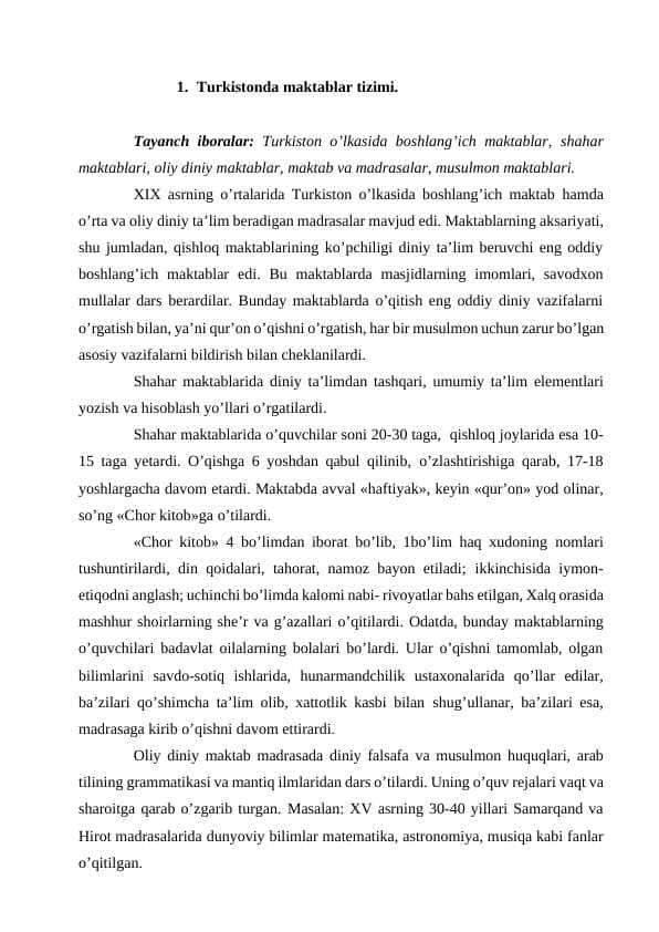 Turkistonda maktablar tizimi. 1