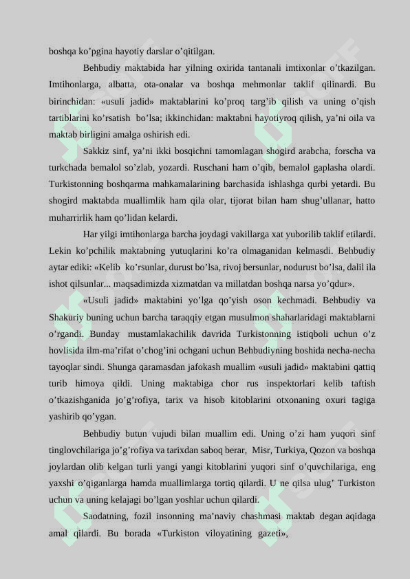Mahmudxo’ja Behbudiy, Munavvar Qori, Abdulla Avloniy, Abduqodir Shakuriylarning yangi usul maktablarini tashkil etishdagi ma’rifatparvarlik xizmatlari. 4