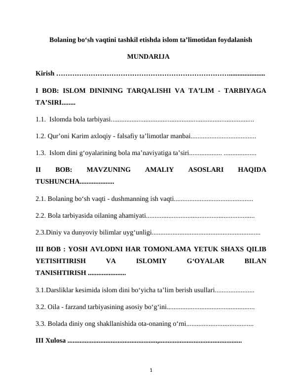 Bolaning boʻsh vaqtini tashkil etishda islom taʼlimotidan foydalanish
