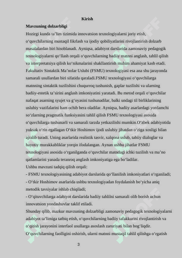 Adabiyot darslarida FSMU texnologiyasidan foydalanish metodikasi.Oʻtkir Hoshimov hikoyalari asosida 2