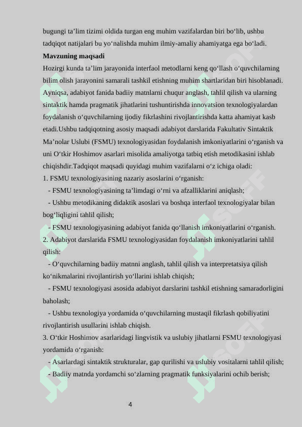 Adabiyot darslarida FSMU texnologiyasidan foydalanish metodikasi.Oʻtkir Hoshimov hikoyalari asosida 3