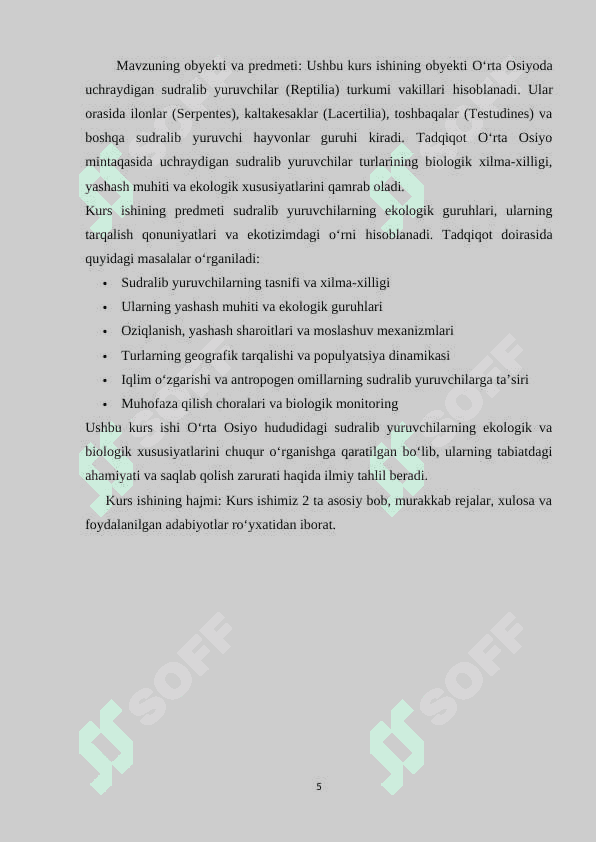O’rta Osiyoda uchraydigan sudralib yuruvchilar xilm-xilligi va ularning ekologik guruhlari 5