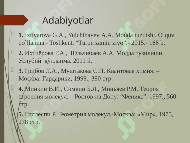 “Modda tuzilishi” zamonaviy kimyoning nazariy asosi. Asosiy tushunchalar 2