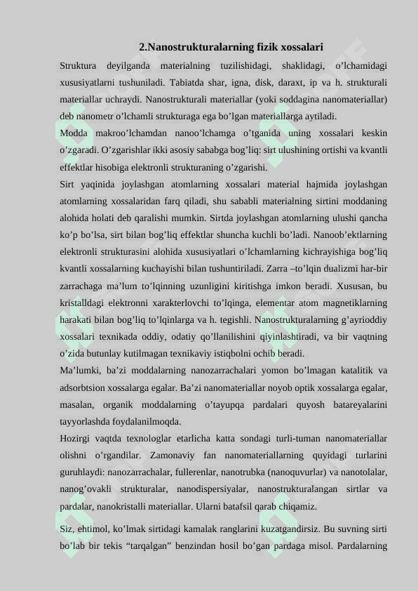 Polimer nanostrukturalar hosil bo’lishi va ularning fizik xossalari 8