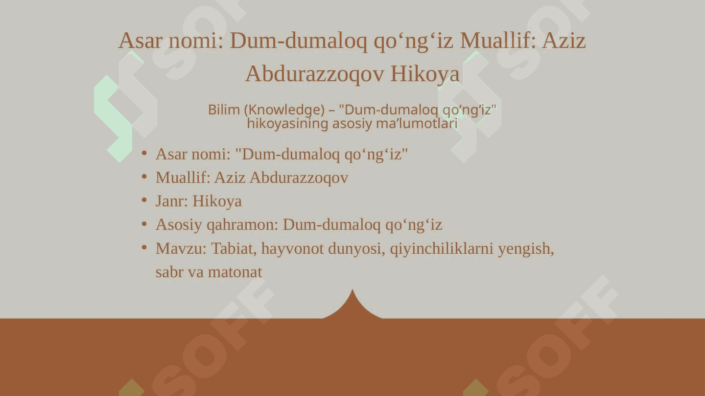 Asar nomi: Dum-dumaloq qoʻngʻiz Muallif: Aziz Abdurazzoqov Hikoya. Blum taksonomiyasi 2
