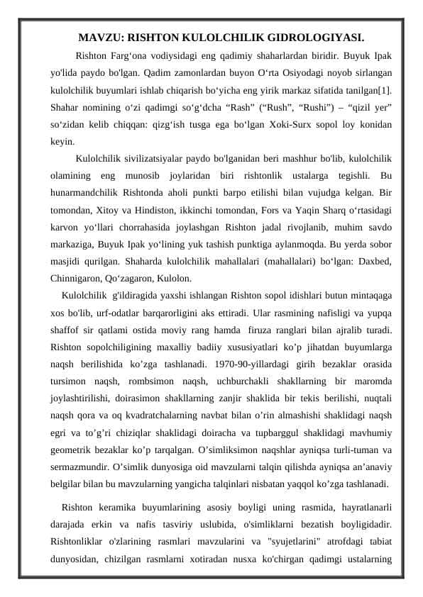 RISHTON KULOLCHILIK GIDROLOGIYASI 1