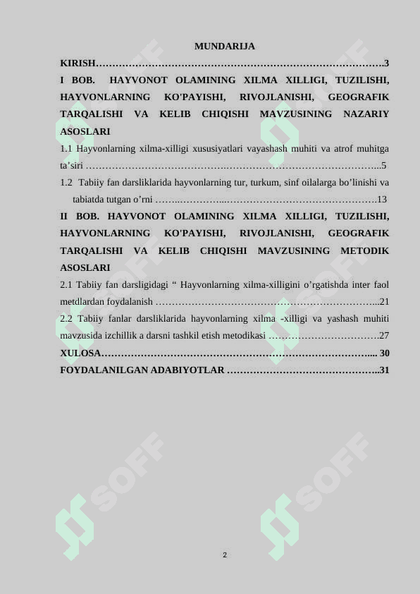 HAYVONOT OLAMINING XILMA XILLIGI VA UNING TABIATDA TUTGAN O'RNI. 2