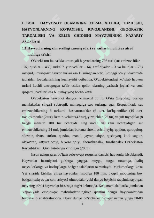 HAYVONOT OLAMINING XILMA XILLIGI VA UNING TABIATDA TUTGAN O'RNI. 5